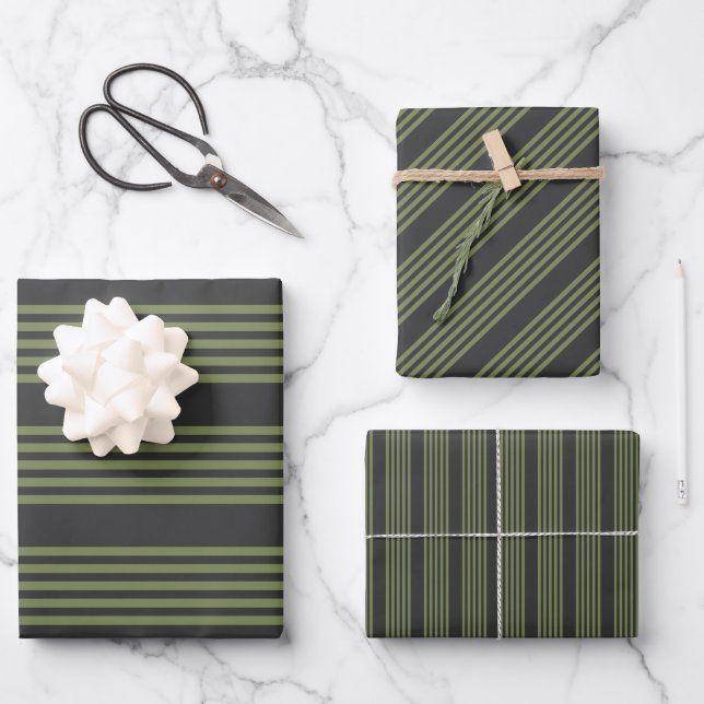 Olive green and charcoal five stripes pattern wrapping paper sheet (Front)