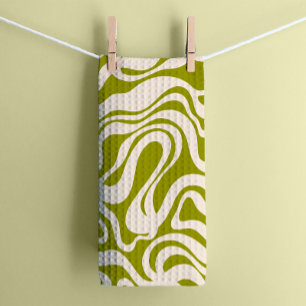 Olive Green and Cream 1970s Retro Modern Swirl Tea Towel