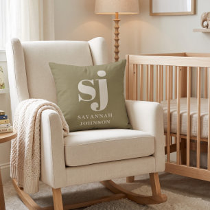 Olive green and cream monogram initials cushion