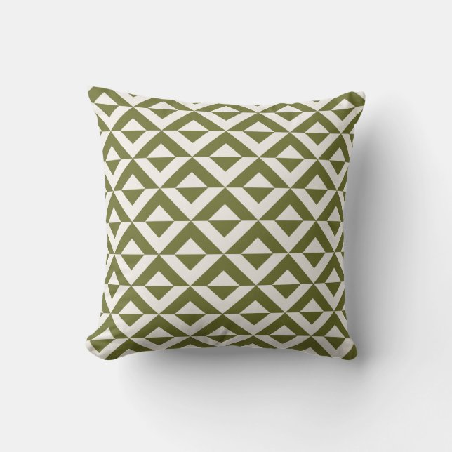 Olive Green and Cream Triangle Geometric Pattern  Cushion (Front)