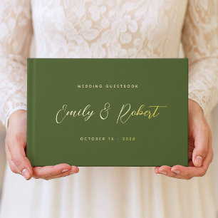 Olive Green and Gold Elegant Script Wedding Guest Book