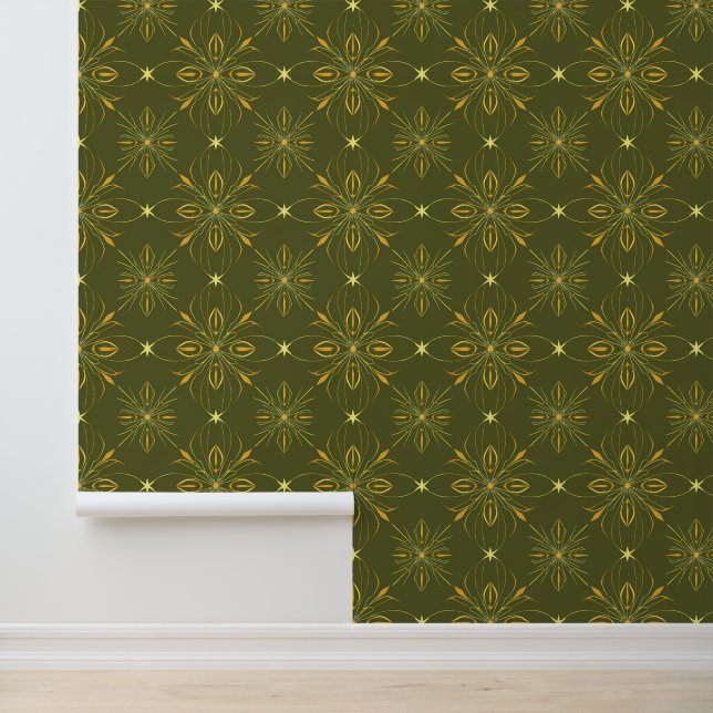 Olive Green and Gold Floral Geometric Pattern Wallpaper (Application)