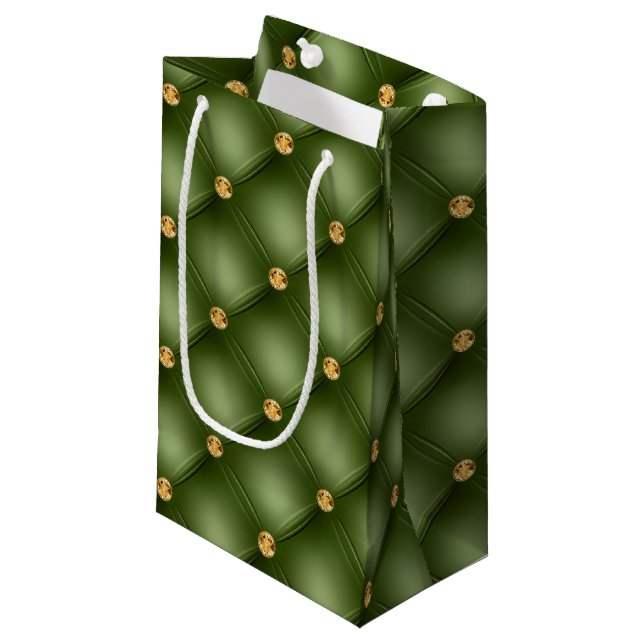 Olive Green and Gold Tufted Small Gift Bag (Front Angled)