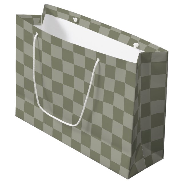 Olive Green and Gray Checkered Pattern Design Large Gift Bag (Front Angled)