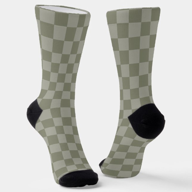 Olive Green and Gray Checkered Pattern Design Socks (Angled)