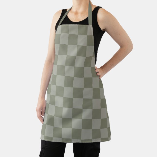 Olive Green and Grey Chequered Pattern Design Apron (Insitu)