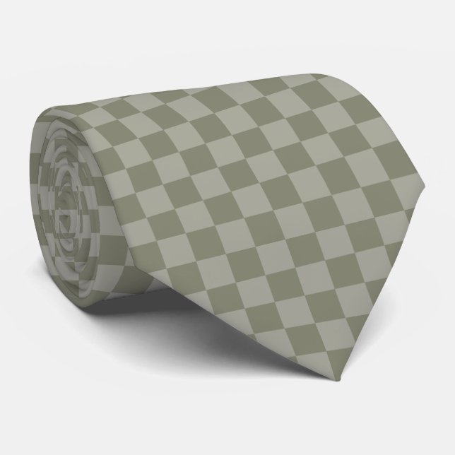 Olive Green and Grey Chequered Pattern Design Tie (Rolled)