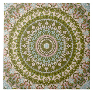 Olive Green and Pastel Mandala Pattern Ceramic Tile