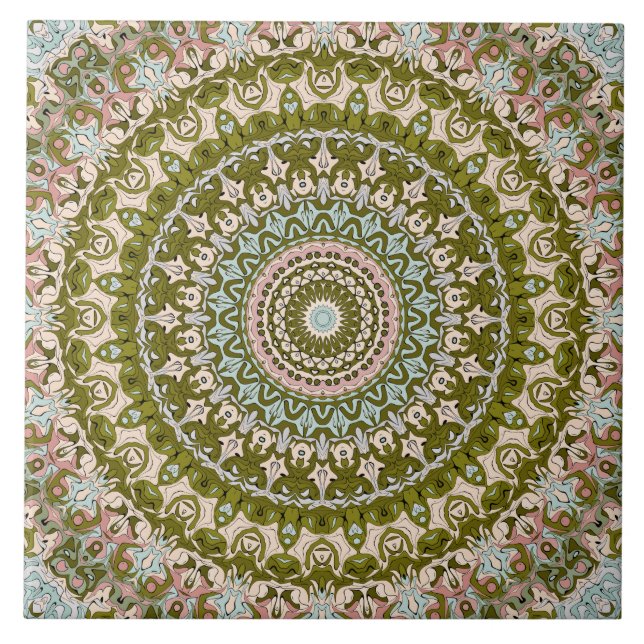 Olive Green and Pastel Mandala Pattern Ceramic Tile (Front)