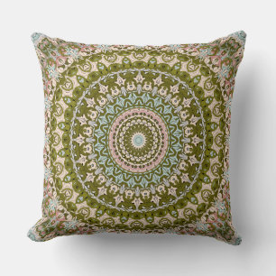 Olive Green and Pastel Mandala Pattern Cushion