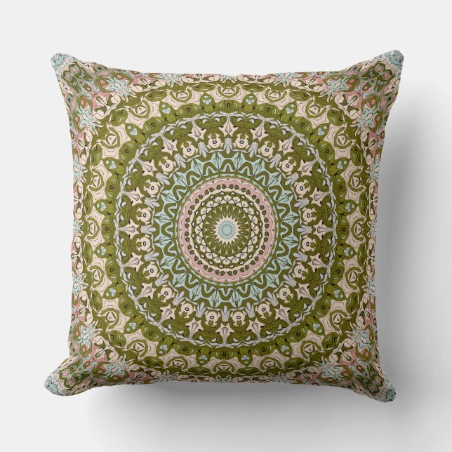 Olive Green and Pastel Mandala Pattern Cushion (Front)