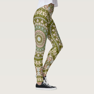 Olive Green and Pastel Mandala Pattern Leggings