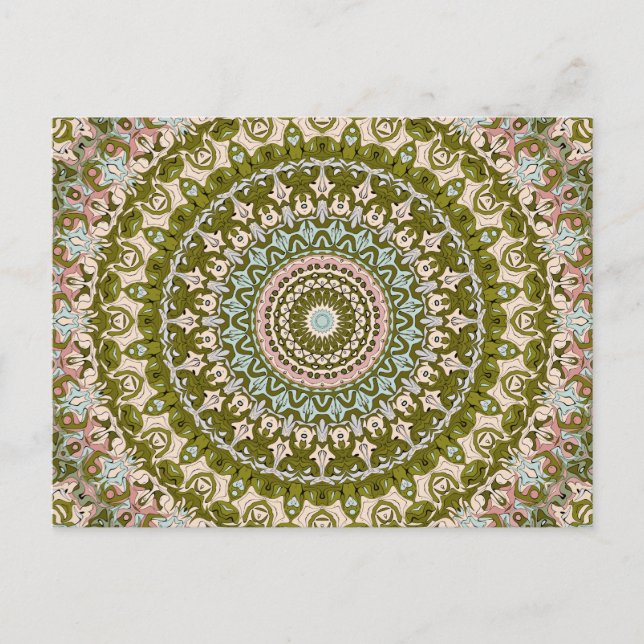 Olive Green and Pastel Mandala Pattern Postcard (Front)