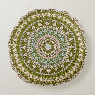 Olive Green and Pastel Mandala Pattern Round Cushion