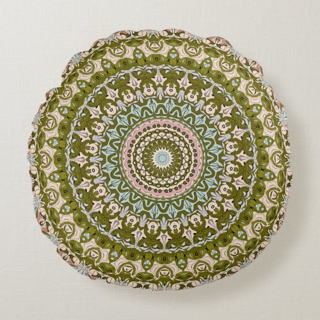Olive Green and Pastel Mandala Pattern Round Cushion (Front)