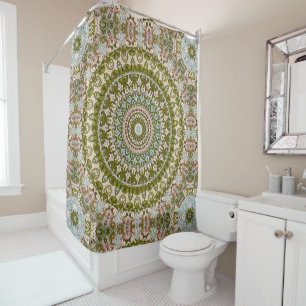 Olive Green and Pastel Mandala Pattern Shower Curtain