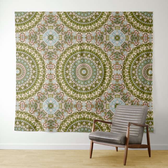 Olive Green and Pastel Mandala Pattern Tapestry (In Situ (Horizontal))