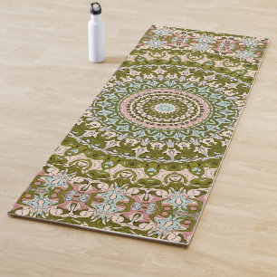Olive Green and Pastel Mandala Pattern Yoga Mat