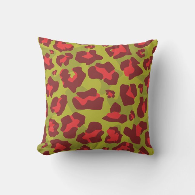 Olive green and red leopard print cushion (Front)
