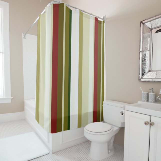 Olive, green and red Stripes Shower Curtain (In Situ)