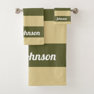 Olive Green and Tan Stripes Bath Towel Set