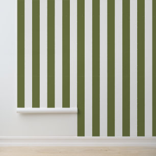 Olive Green and White Bold Vertical Stripes Wallpaper