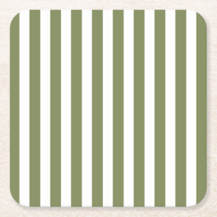 Olive green and white candy stripes square paper coaster