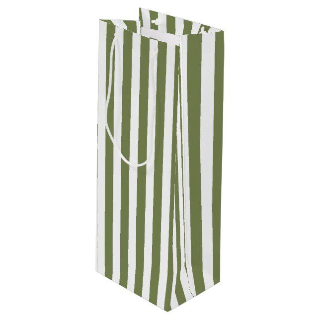 Olive green and white candy stripes wine gift bag (Front Angled)