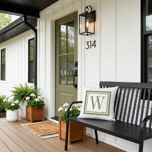 Olive Green and White Classic Square Monogram Cushion