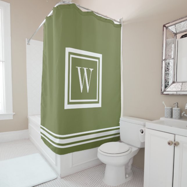 Olive Green and White Classic Square Monogram Shower Curtain (In Situ)
