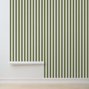 Olive Green and White Classic Vertical Stripes Wallpaper