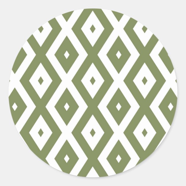 Olive green and white diamond pattern classic round sticker (Front)