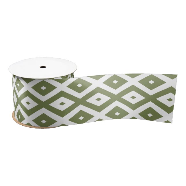Olive green and white diamond pattern satin ribbon (Spool)