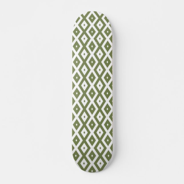 Olive green and white diamond pattern skateboard (Front)