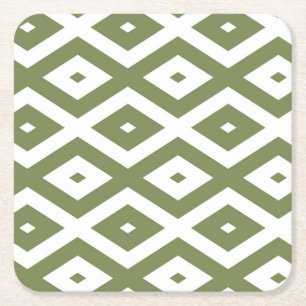 Olive green and white diamond pattern square paper coaster