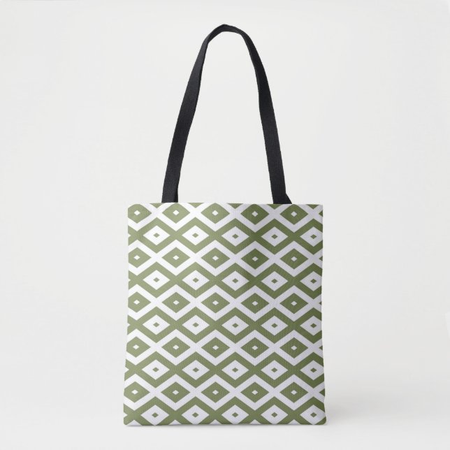 Olive green and white diamond pattern tote bag (Front)