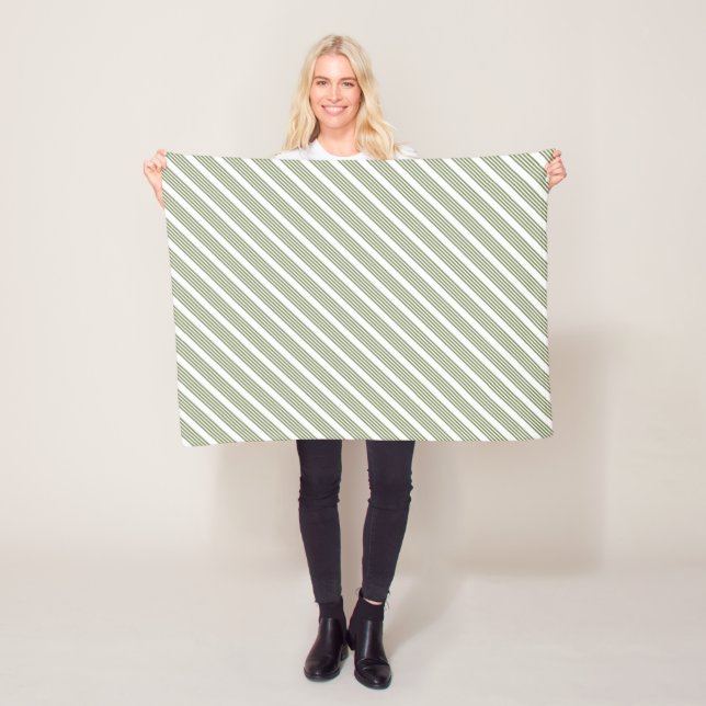 Olive green and white five stripe pattern fleece blanket (In Situ)