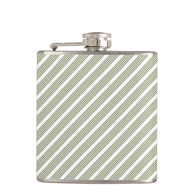 Olive green and white five stripe pattern hip flask (Front)