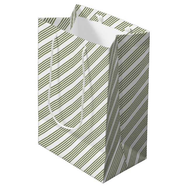 Olive green and white five stripe pattern medium gift bag (Front Angled)