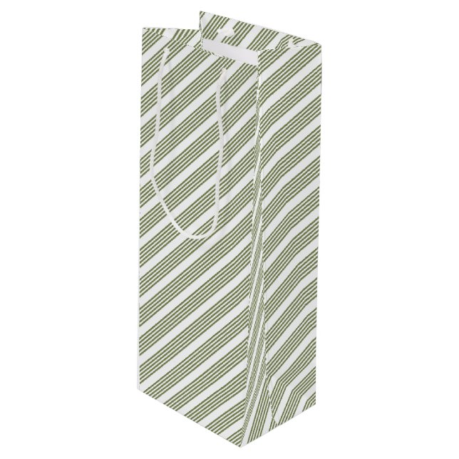 Olive green and white five stripe pattern wine gift bag (Front Angled)