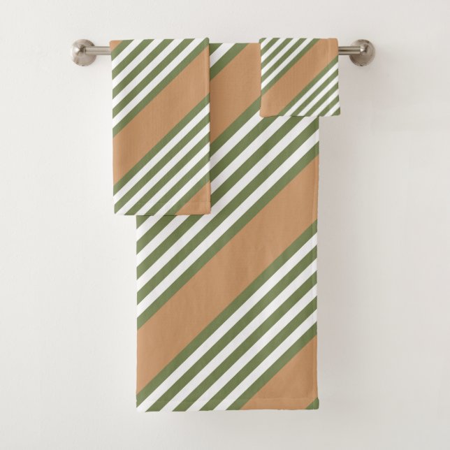 Olive green and white five stripe pattern with tan bath towel set (Insitu)