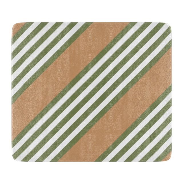 Olive green and white five stripe pattern with tan cutting board (Front)
