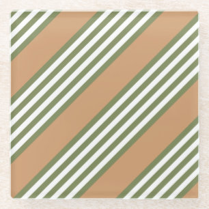 Olive green and white five stripe pattern with tan glass coaster