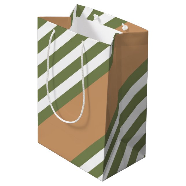 Olive green and white five stripe pattern with tan medium gift bag (Back Angled)