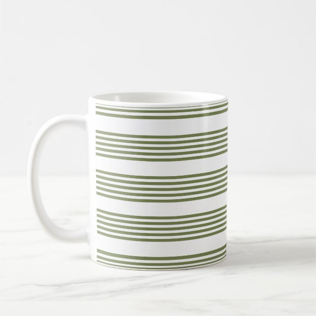 Olive green and white five stripes pattern coffee mug (Left)
