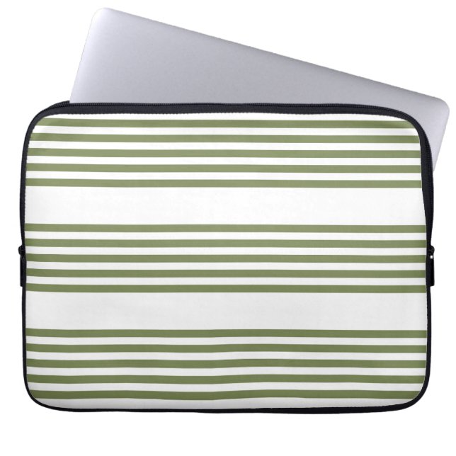 Olive green and white five stripes pattern laptop sleeve (Front)