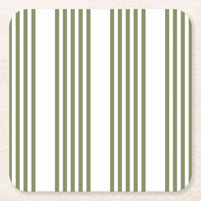 Olive green and white five stripes pattern square paper coaster (Front)