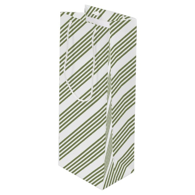 Olive green and white five stripes pattern wine gift bag (Front Angled)
