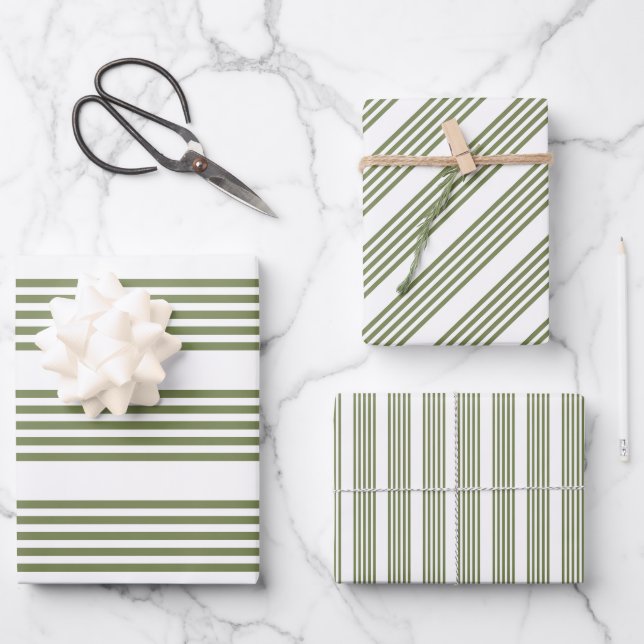 Olive green and white five stripes pattern wrapping paper sheet (Front)