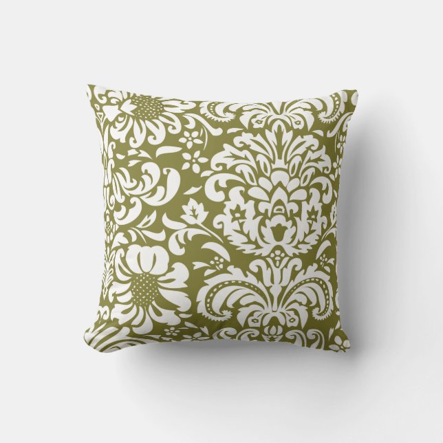 Olive Green and White Floral Damask Cushion (Front)